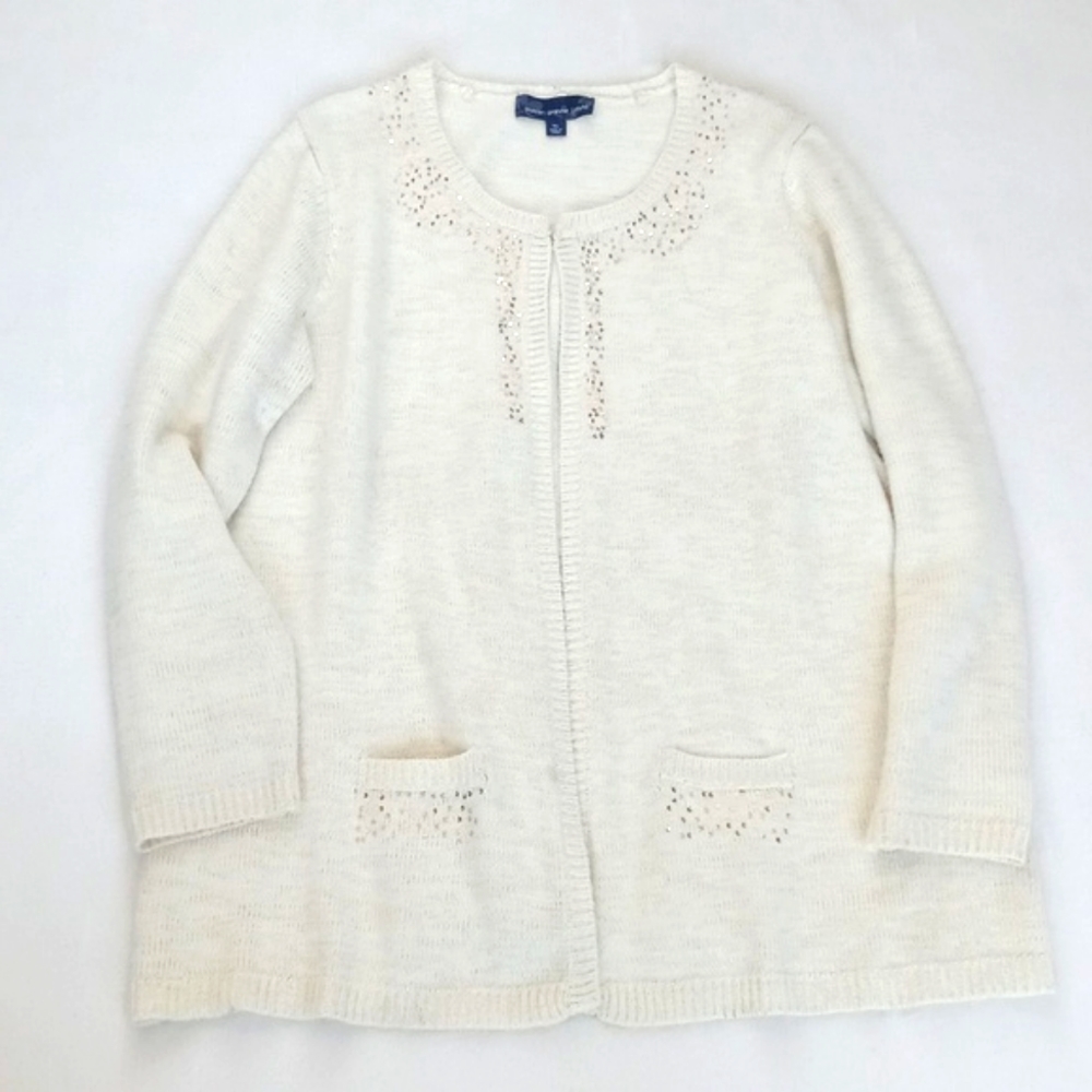 Susan Graver Cream w/ Gold Metallic Sequins Accents Open Cardigan Duster XL